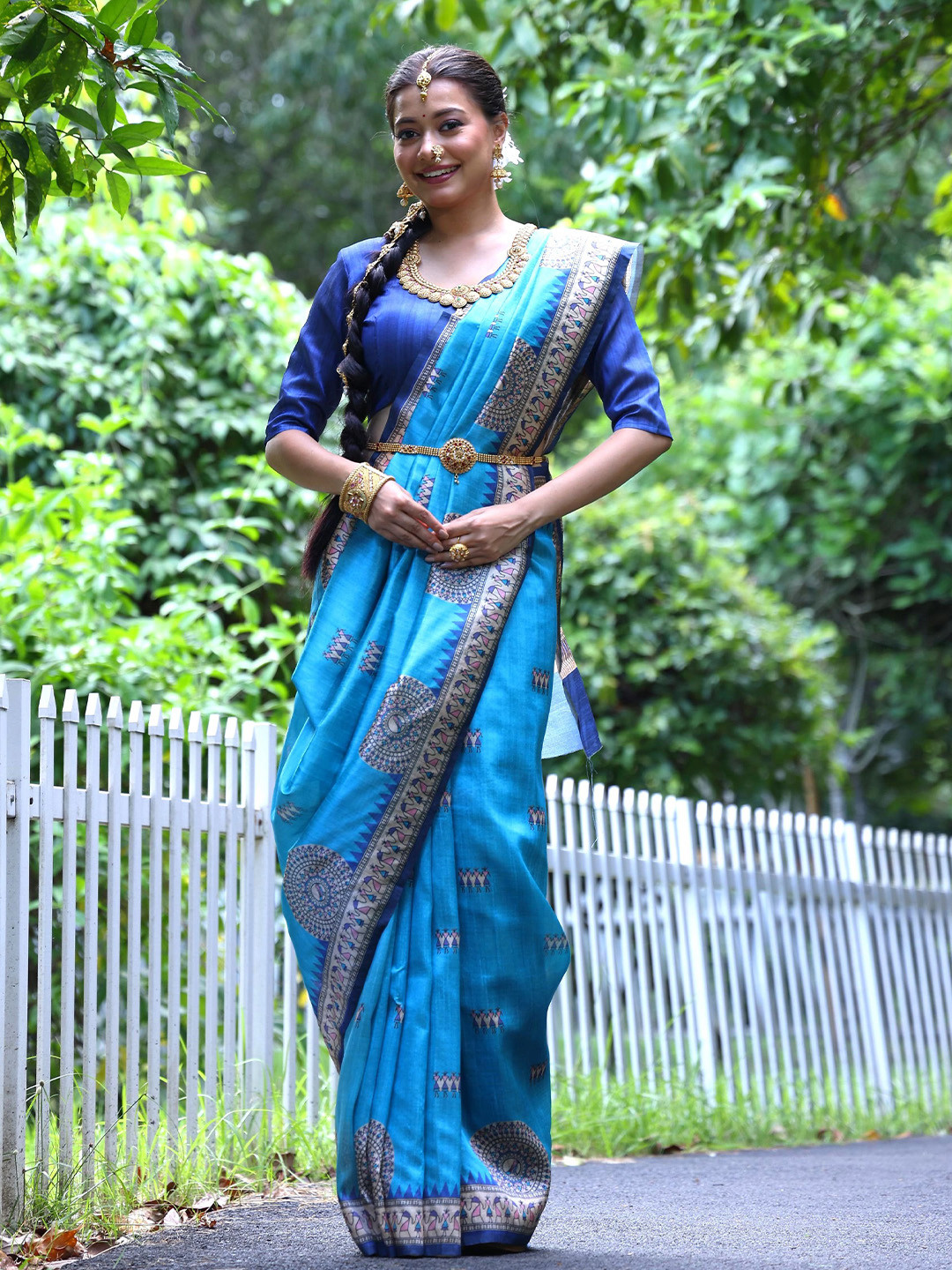 KALINI Madhubani Print Tussar Saree With Contrast Blouse Piece