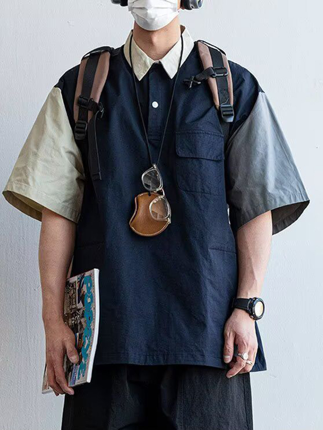 StyleCast x Revolte Navy and Cream Polo Collar T-shirt