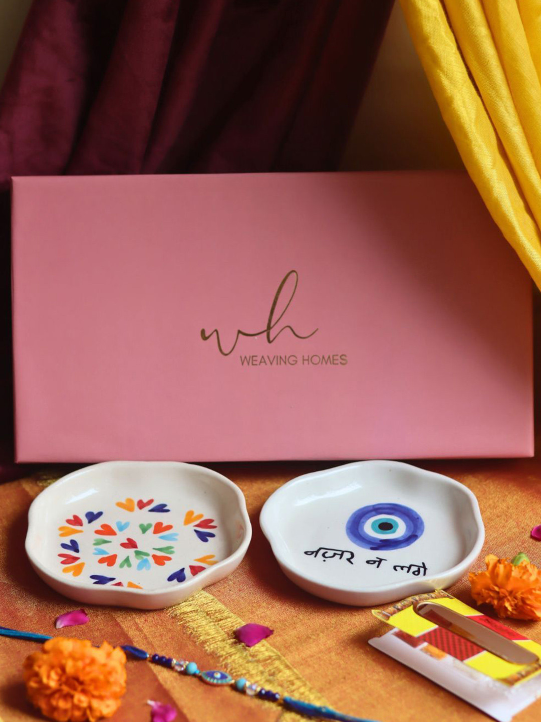 WEAVING HOMES Stone Studded & Beaded Thread Rakhi With 2 Dessert Plates