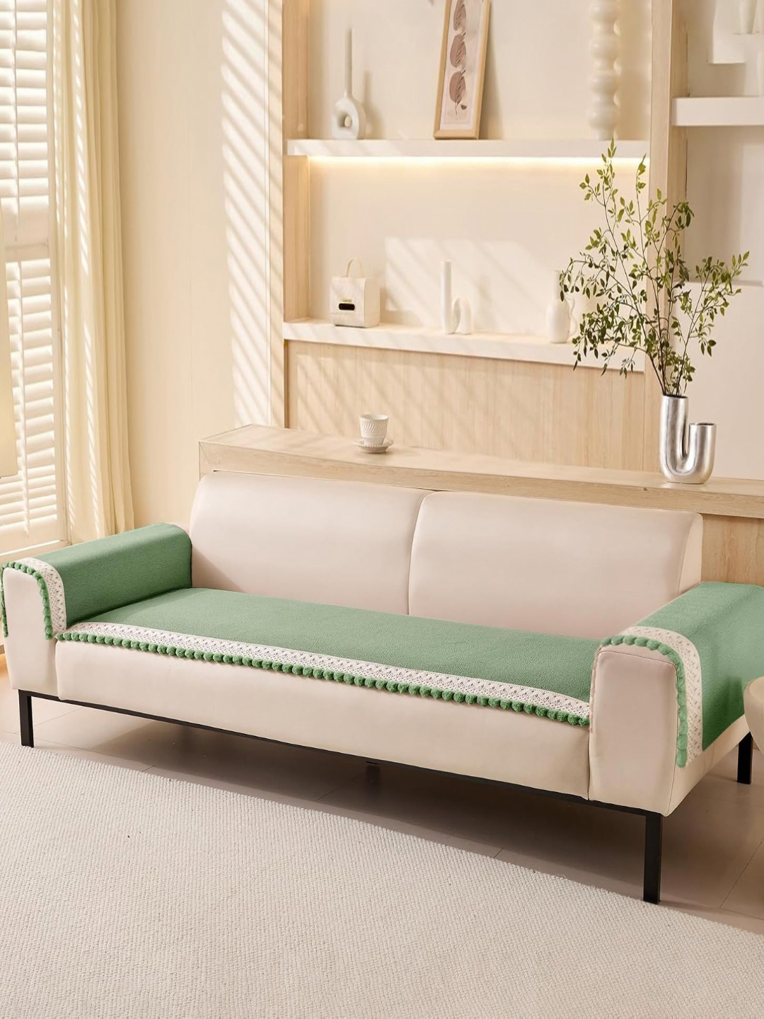 HOUSE OF QUIRK Green & White Self Design 1 Seater 2Pcs Armrest & 1Pc Sofa Cover Set