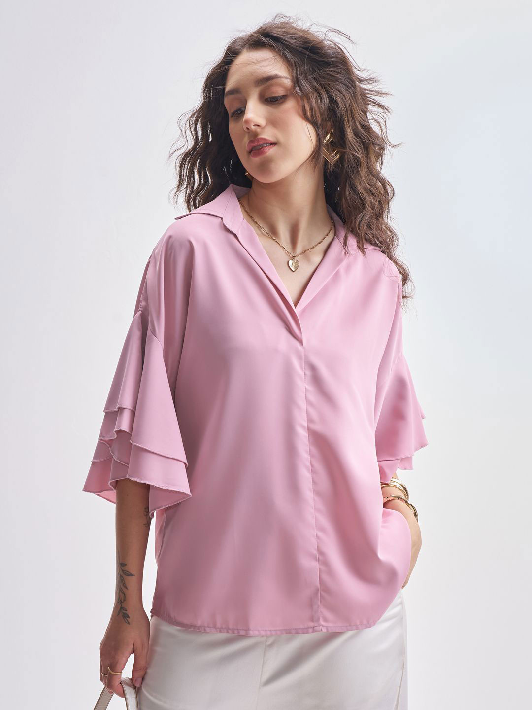 ESPYR By Tokyo Talkies Women Relaxed Fit Flutter Sleeve Shirt Style Top