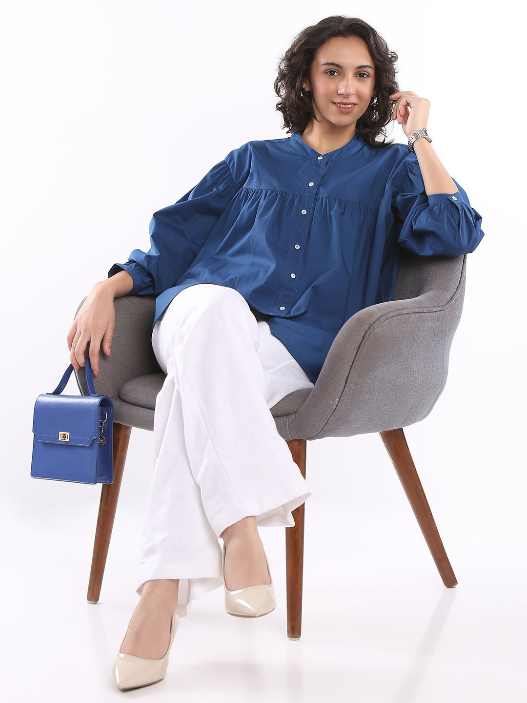 Gazillion Women Edgy Relaxed Fit Solid Band Collar Casual Cotton Shirt