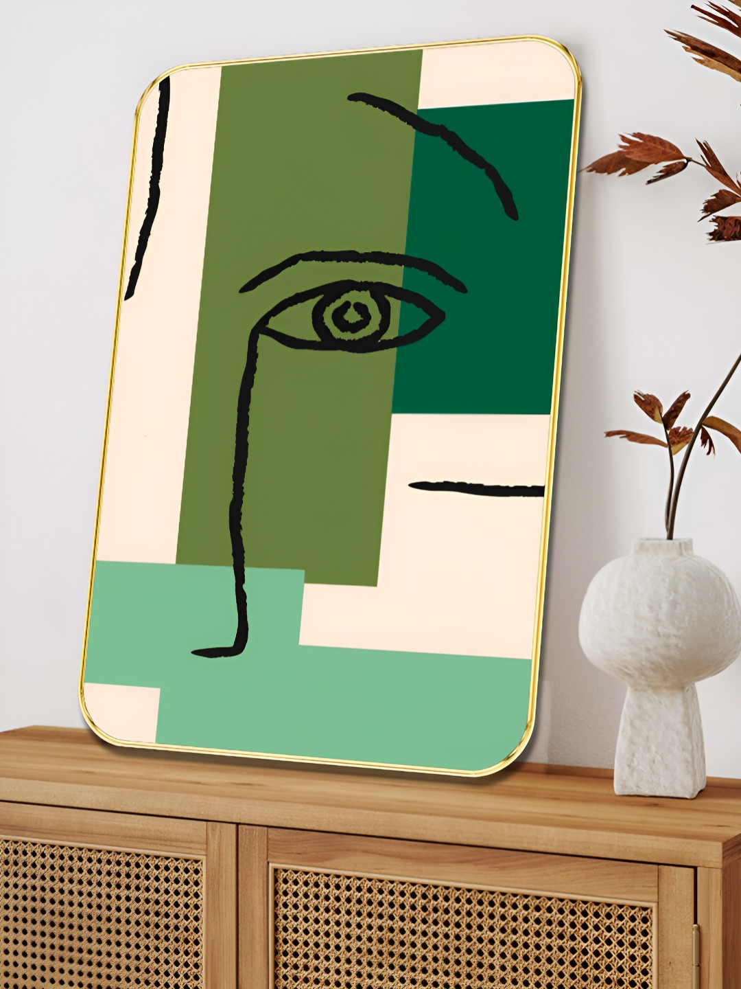 Livin'luxe Beige & Green Face Line Printed Wall Art