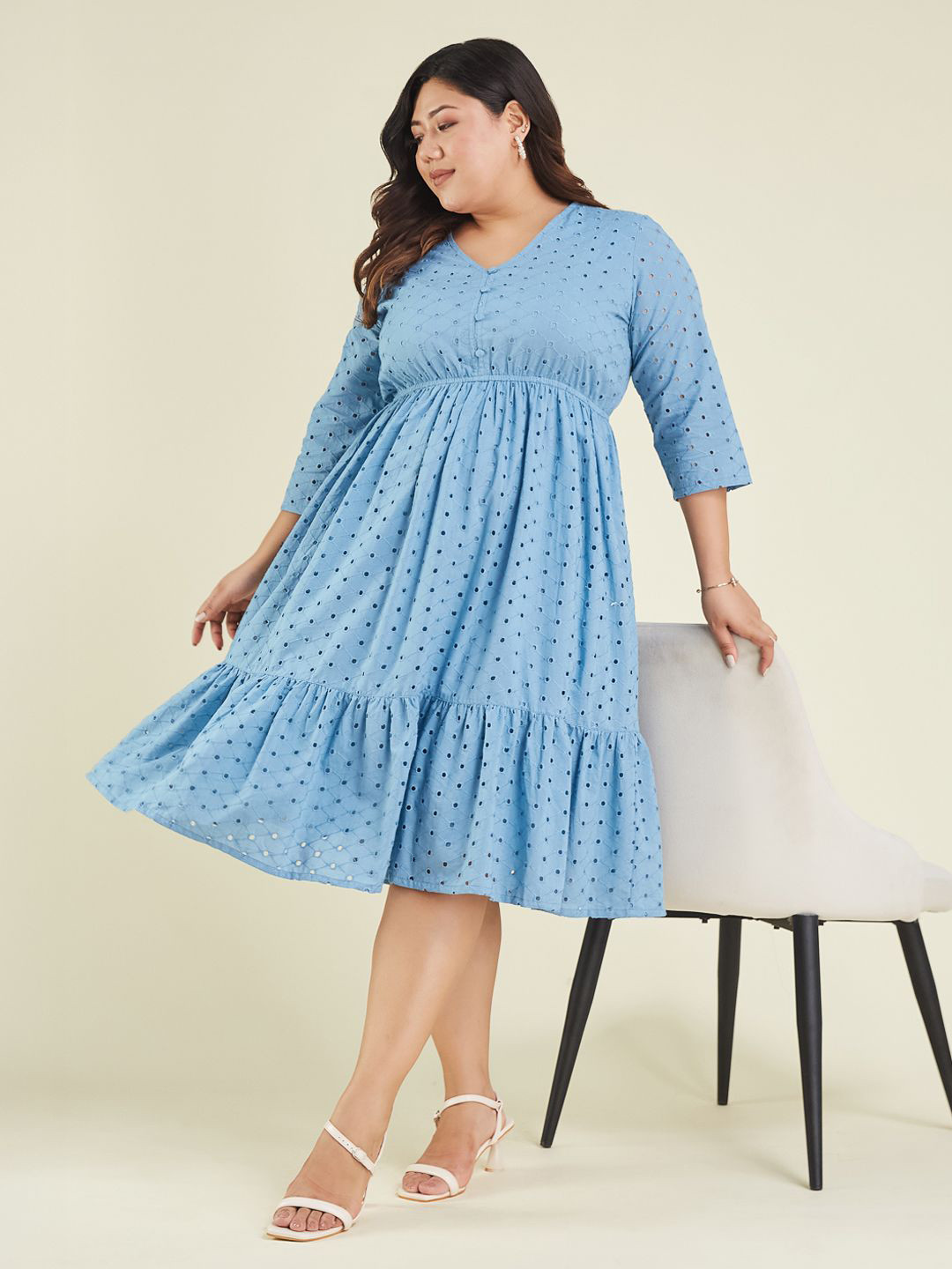 Janasya Women Plus Size Light Blue Pure Cotton Schiffli Fit & Flare Dress