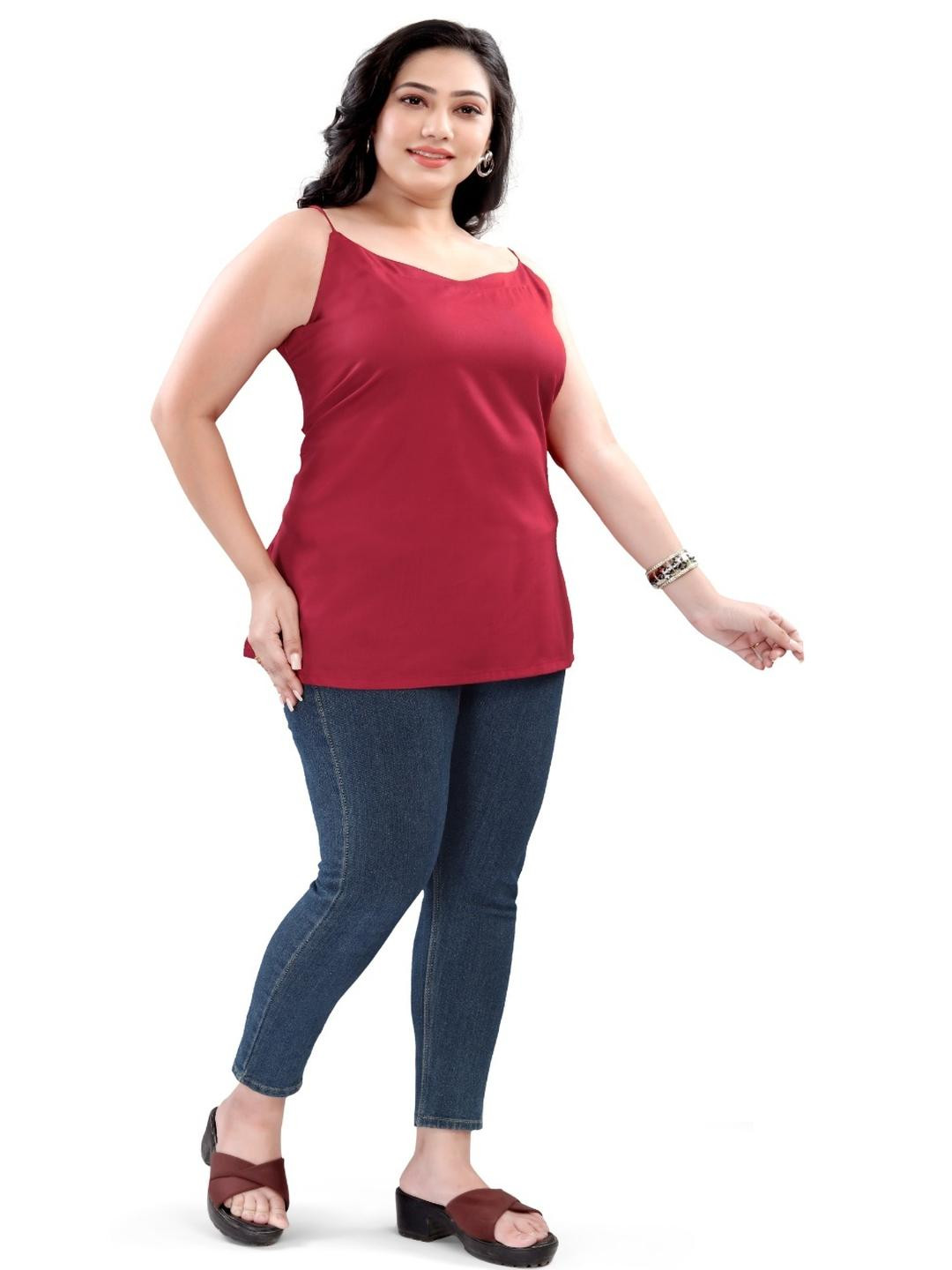 Avantrys Women Maroon Solid Party Sleeveless Viscose Rayon Tunic