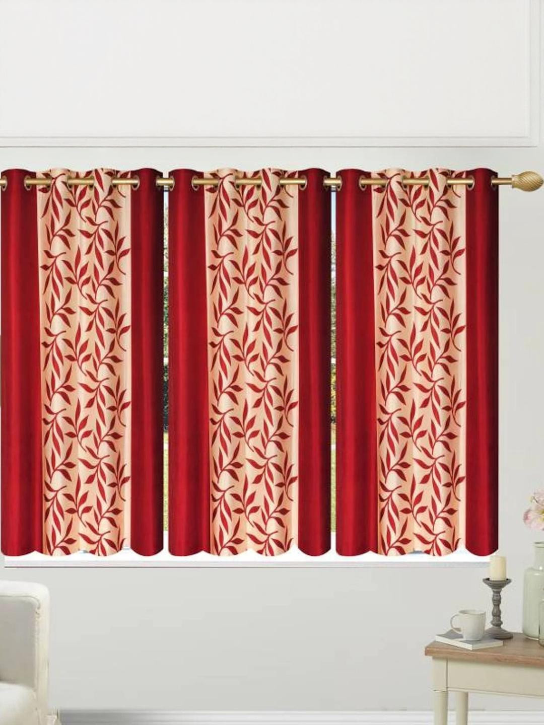 151 cm (5 ft) Polyester Semi Transparent Window Curtain (Pack Of 3) (Printed, Maroon)