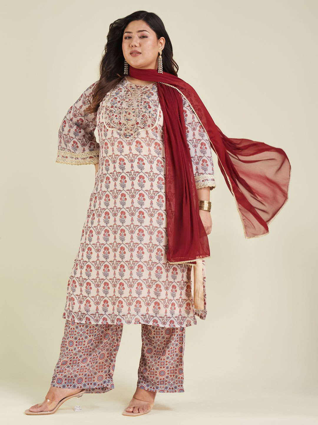 Janasya Women Cream Plus Size Georgette Embroidered Ajrakh Printed Straight Kurta Sets