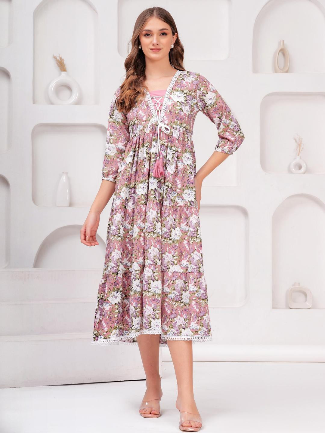 Jyoti Women Pink Dustypink Crepe Floral Print Dress