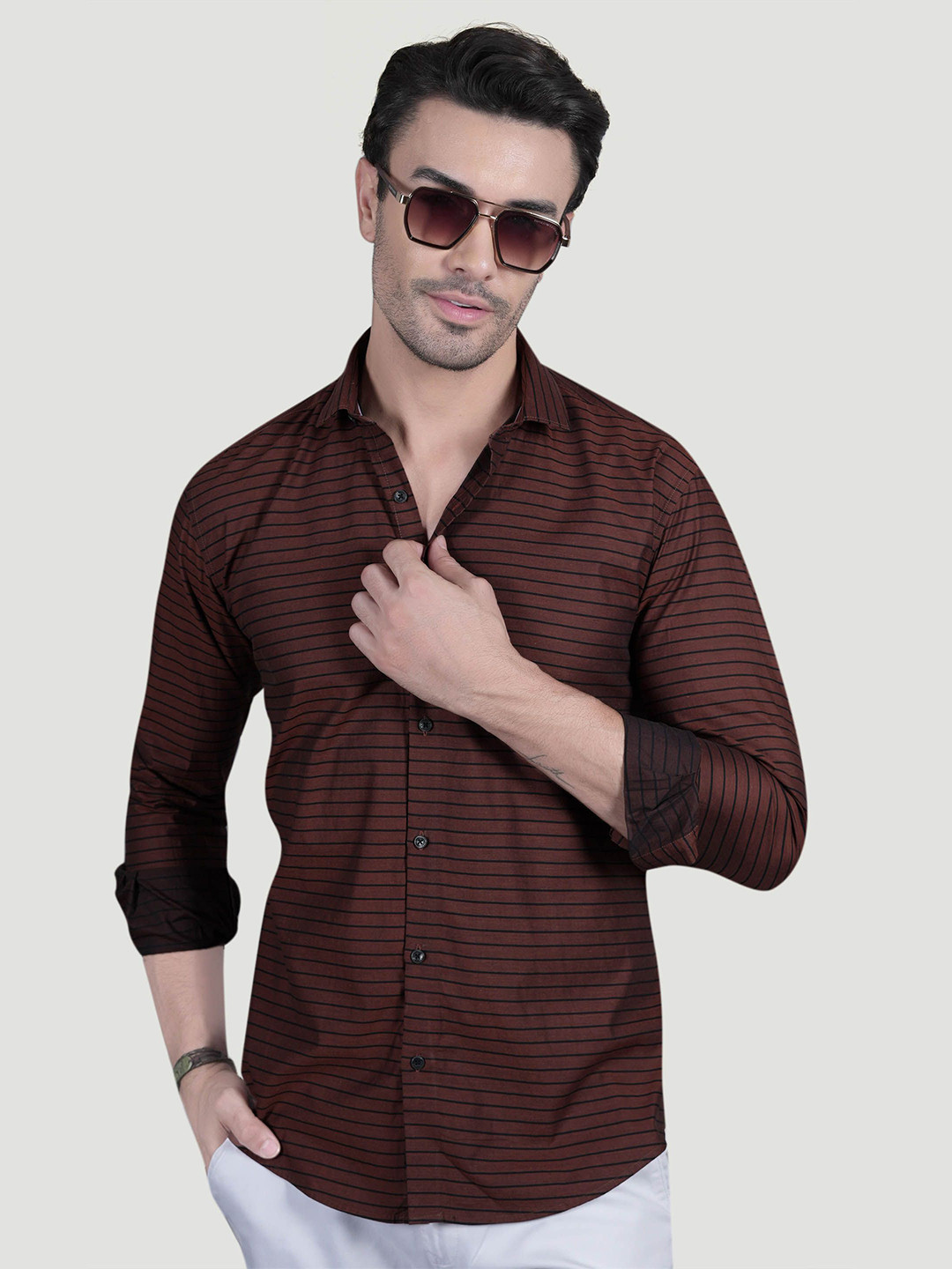 ALMATY Xavier Comfort Horizontal Striped Slim Fit Cotton Shirt