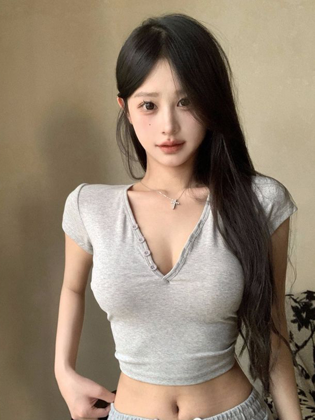 LULU & SKY Grey V-Neck Slim Fit T-shirt
