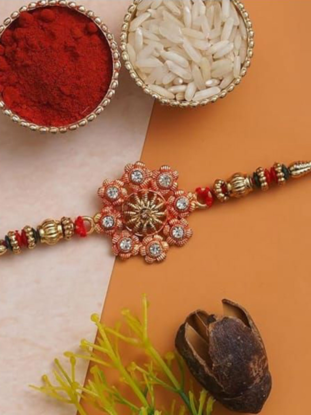 Nutts Stone Studded Rakhi With Pooja Plate Roli Chawal & Rakhi Gifts Set