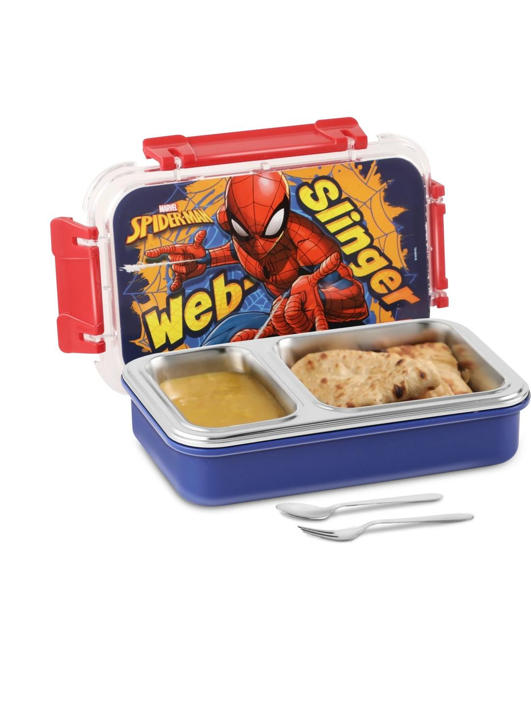 JAYPEE Toon Box 2 Blue Spiderman Print 3Pcs Inner Steel Lunch Box with Spoon & Fork 545ml