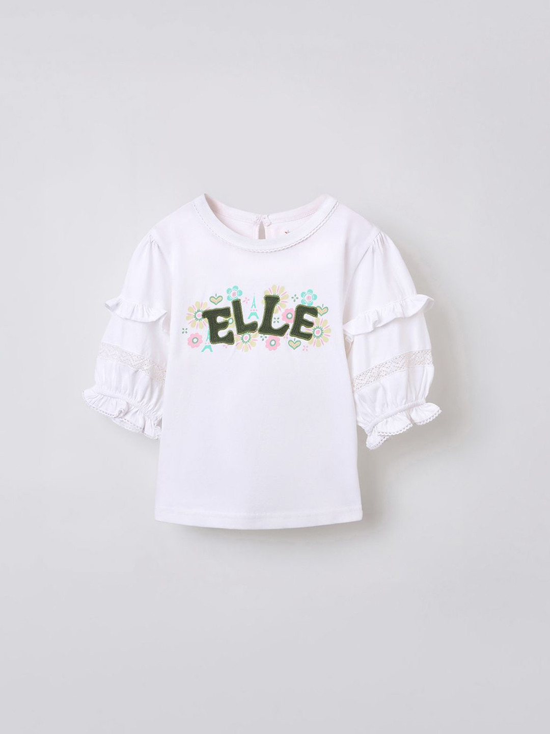 ELLE Girls Floral Printed Puff Sleeves Lace Inserts Pure Cotton Top