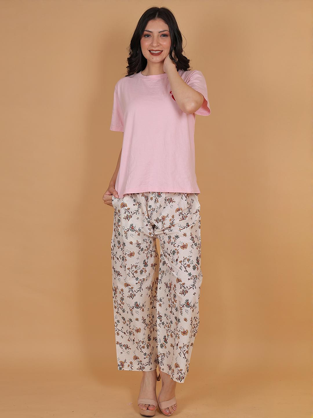 Mytrendzs Women Cream & Brown Floral Printed Cotton Palazzo with One Side Pocket