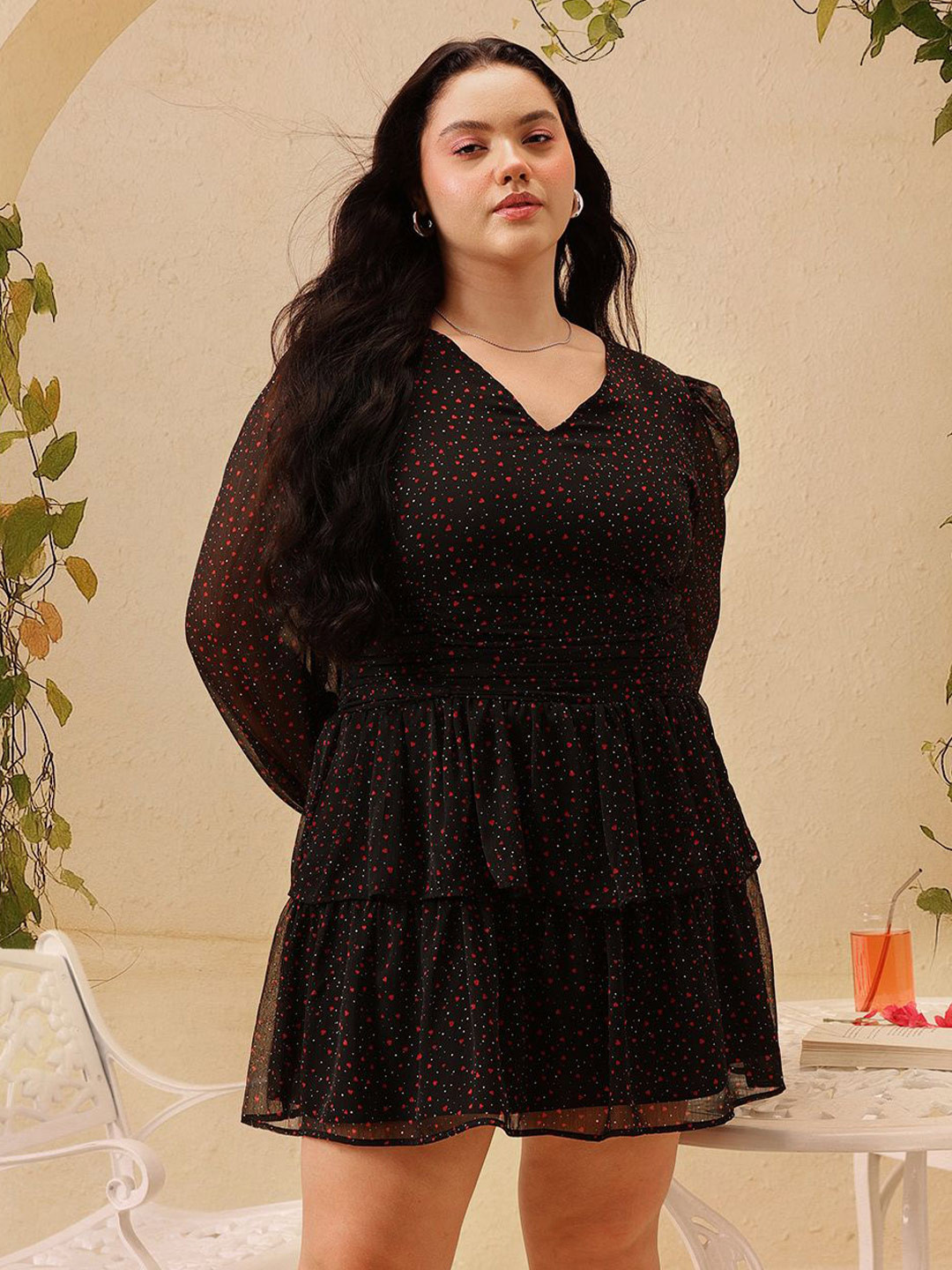 CURVY STREET Women Conversational Printed V-Neck Puff Sleeves Layered Fit And Flare Dress