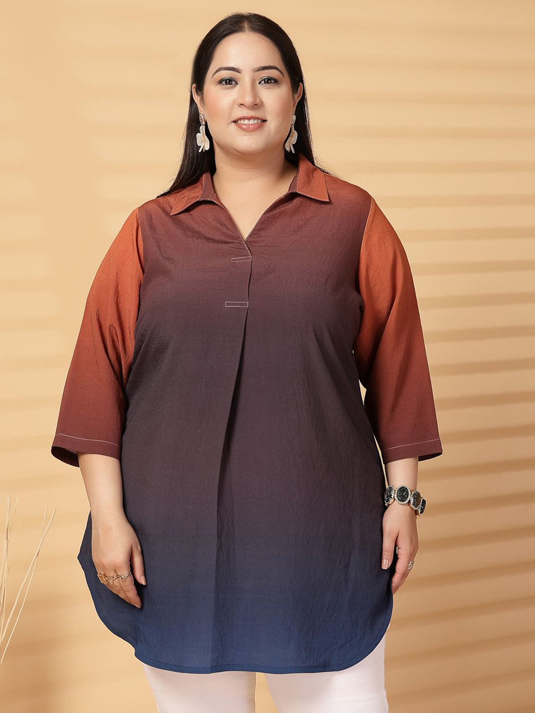 plusS Women Plus Size Ombre Pleated Shirt Collar Regular Top