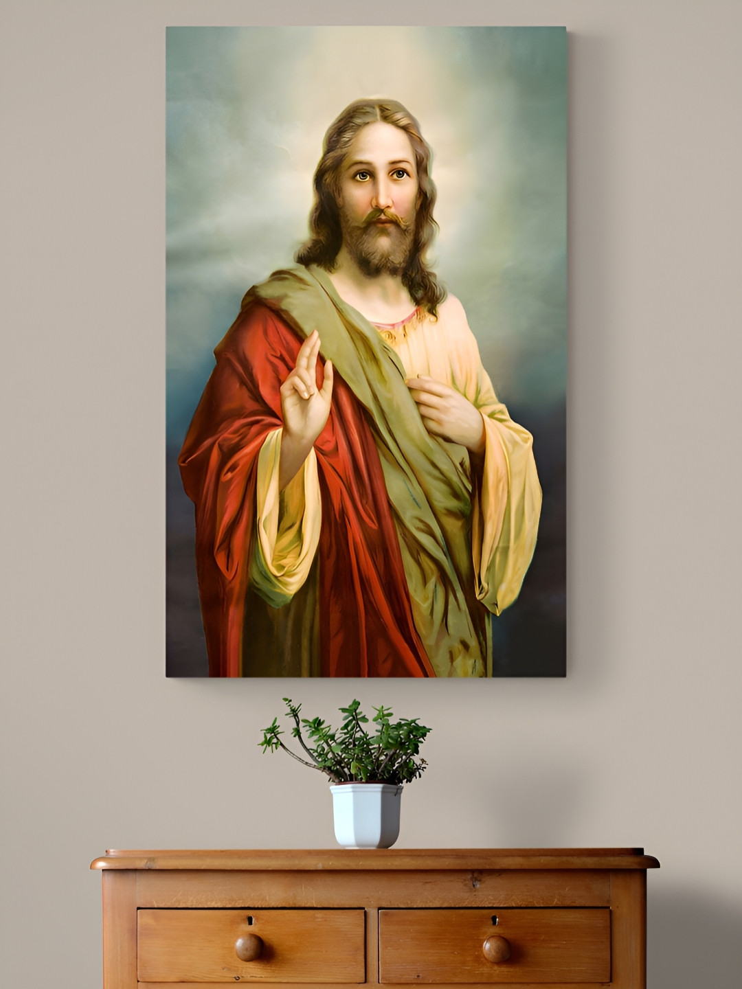 Tushaco Handicrafts Red & Green Jesus Religious Canvas Wall Art