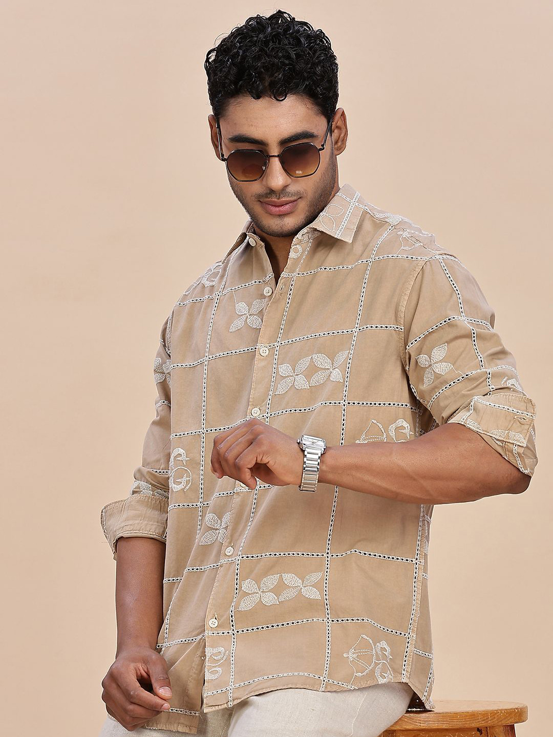 THREE DAYS Men Comfort Fit Grid Tattersall Checked Spread Collar Cotton Casual Shirt