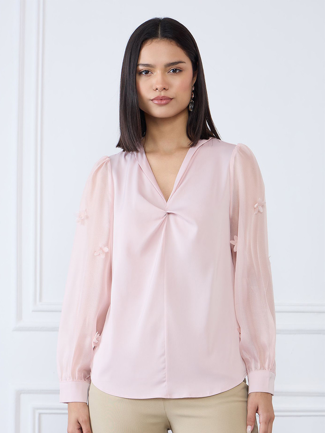 Iconic Women Self Design V-Neck Twisted & Applique Regular Top