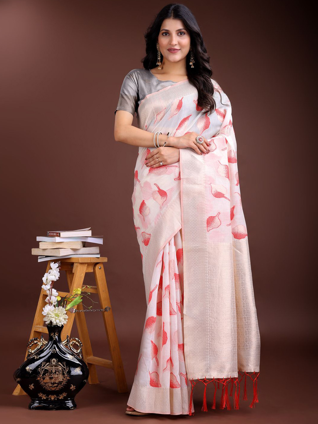 Astita Ethnic Motifs Woven Design Zari Leaf Print Cotton Saree