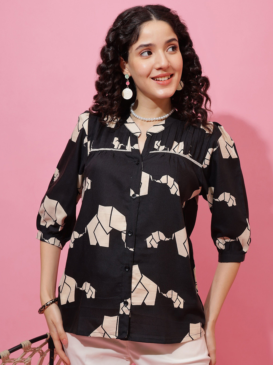 SHEETAL Associates Women Abstract Printed Mandarin Collar Shirt Style Top