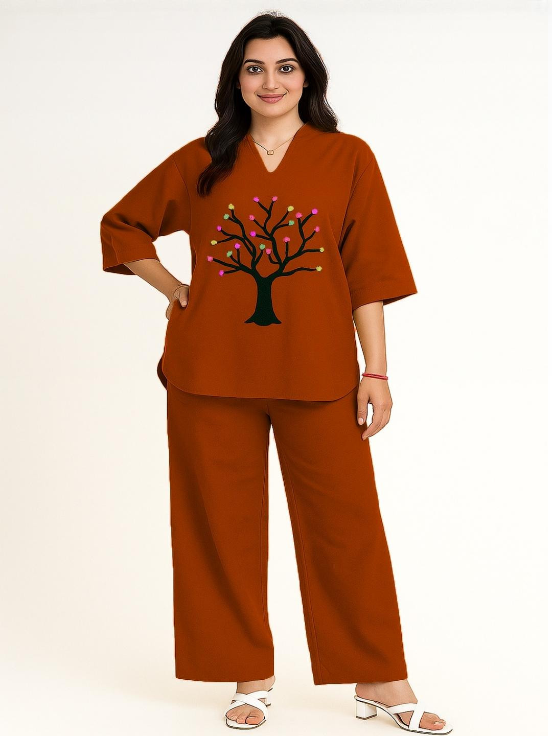 Rust Orange Printed Top & Palazzos Co-Ords