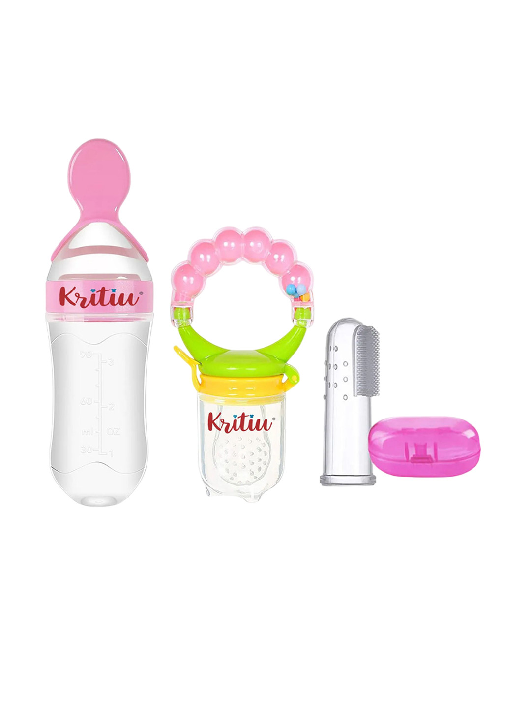Kritiu Kids 3Pcs Pink & Transparent Silicone Fruit Nibbler Food Feeder & Brush