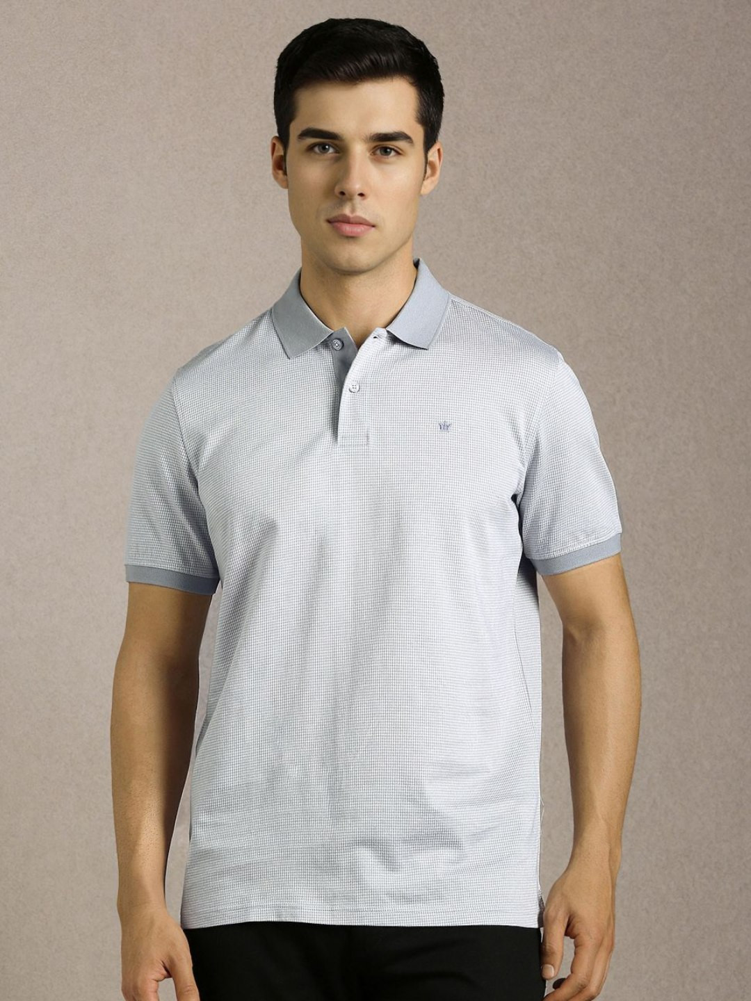 Louis Philippe Micro or Ditsy Checked Polo Collar Pure Cotton T-shirt