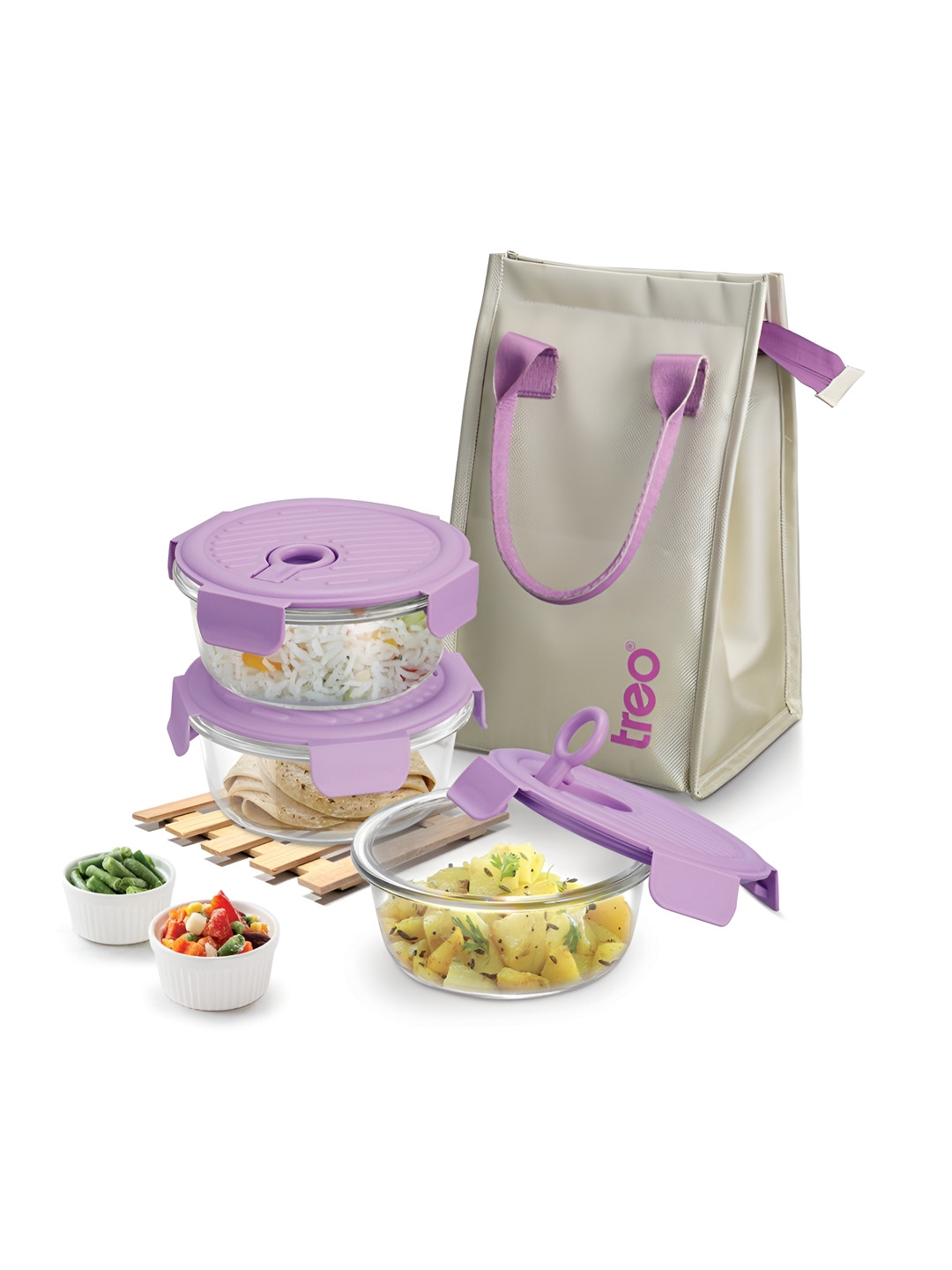 Treo Lumino Fresh Purple 3 Pieces Borosilicate Glass Round Microwave Safe Lunch Box