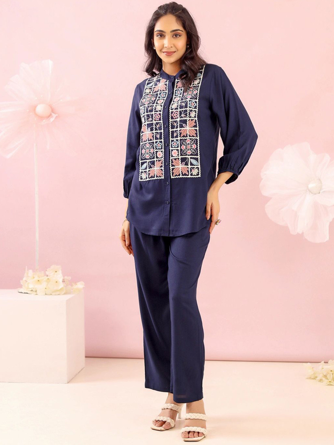 MISRI Embroidered Mandarin Neck Shirt With Trousers Co-Ords