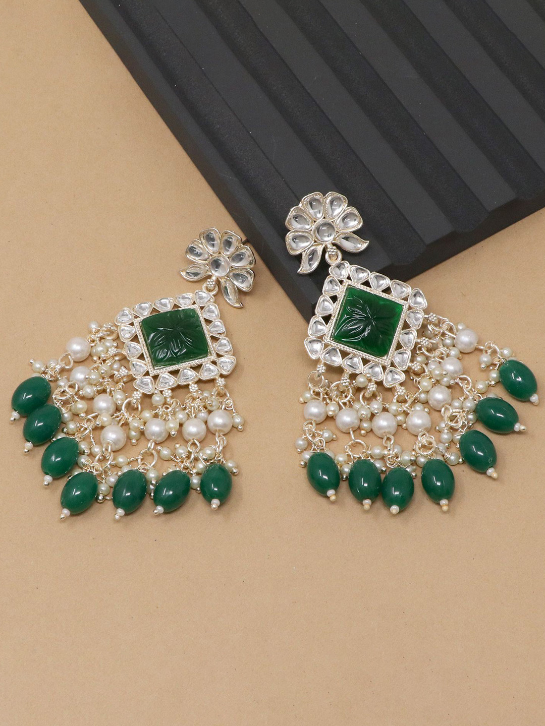 BELWICK Gold-Plated Kundan Studded And Pearls Beaded Diamond Drop Earrings