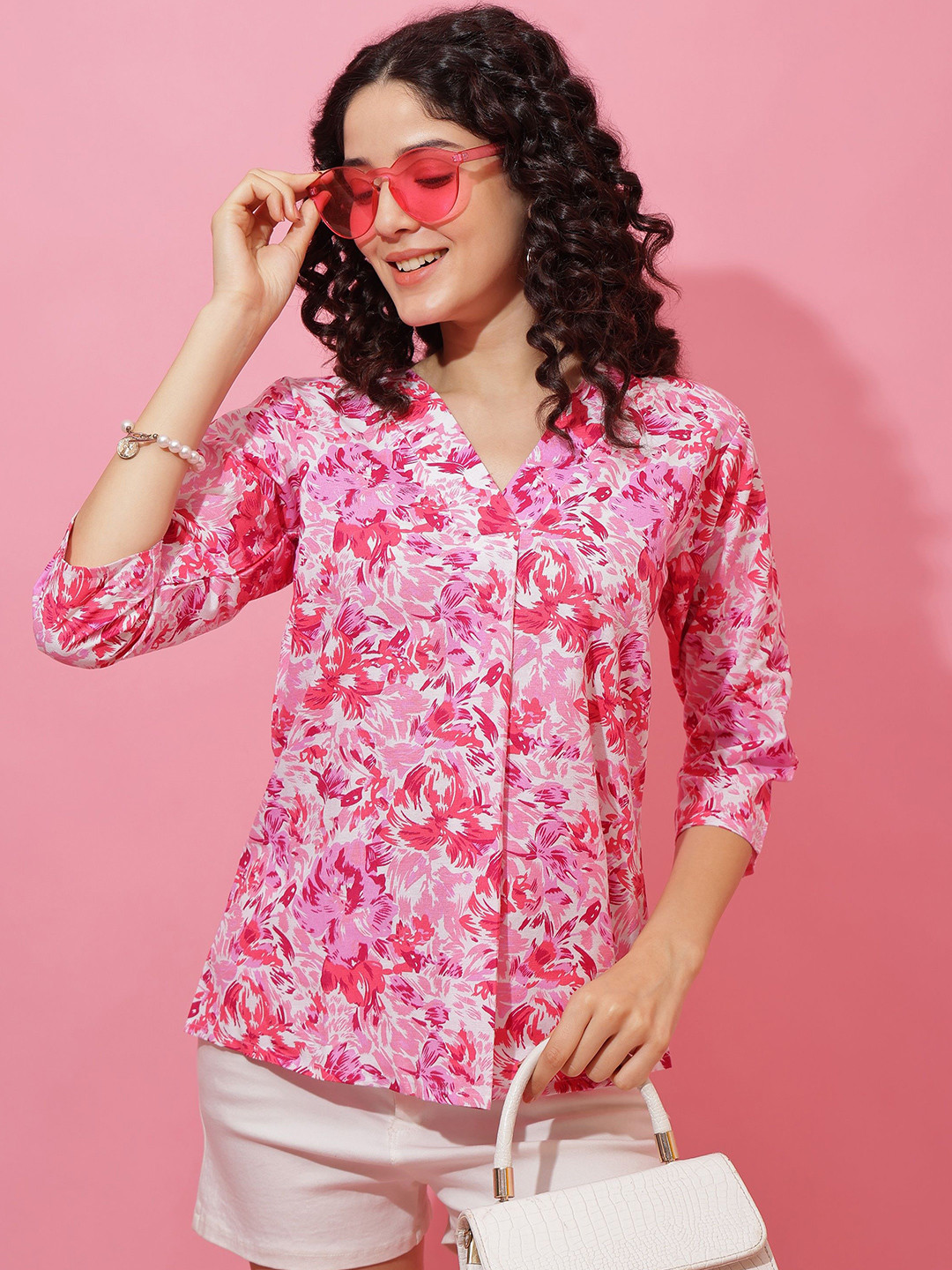 SHEETAL Associates Floral Printed V-Neck Shirt Style Top