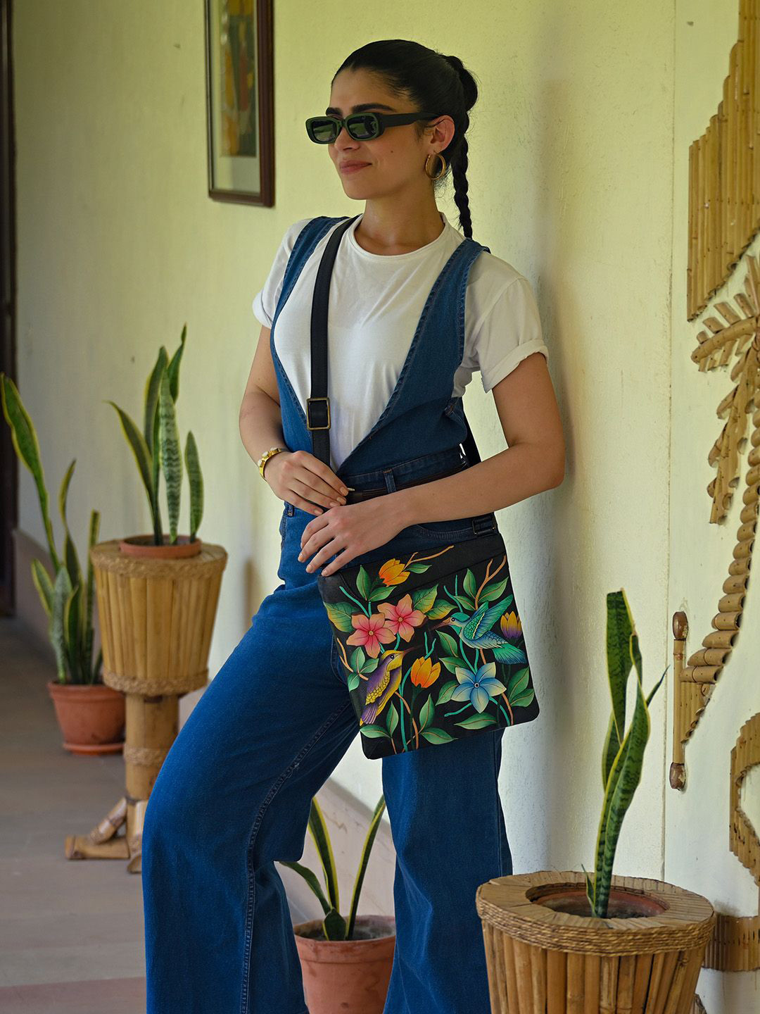 Anuschka Women's Bird in Paradise Hand Painted Leather Adjustable Crossbody