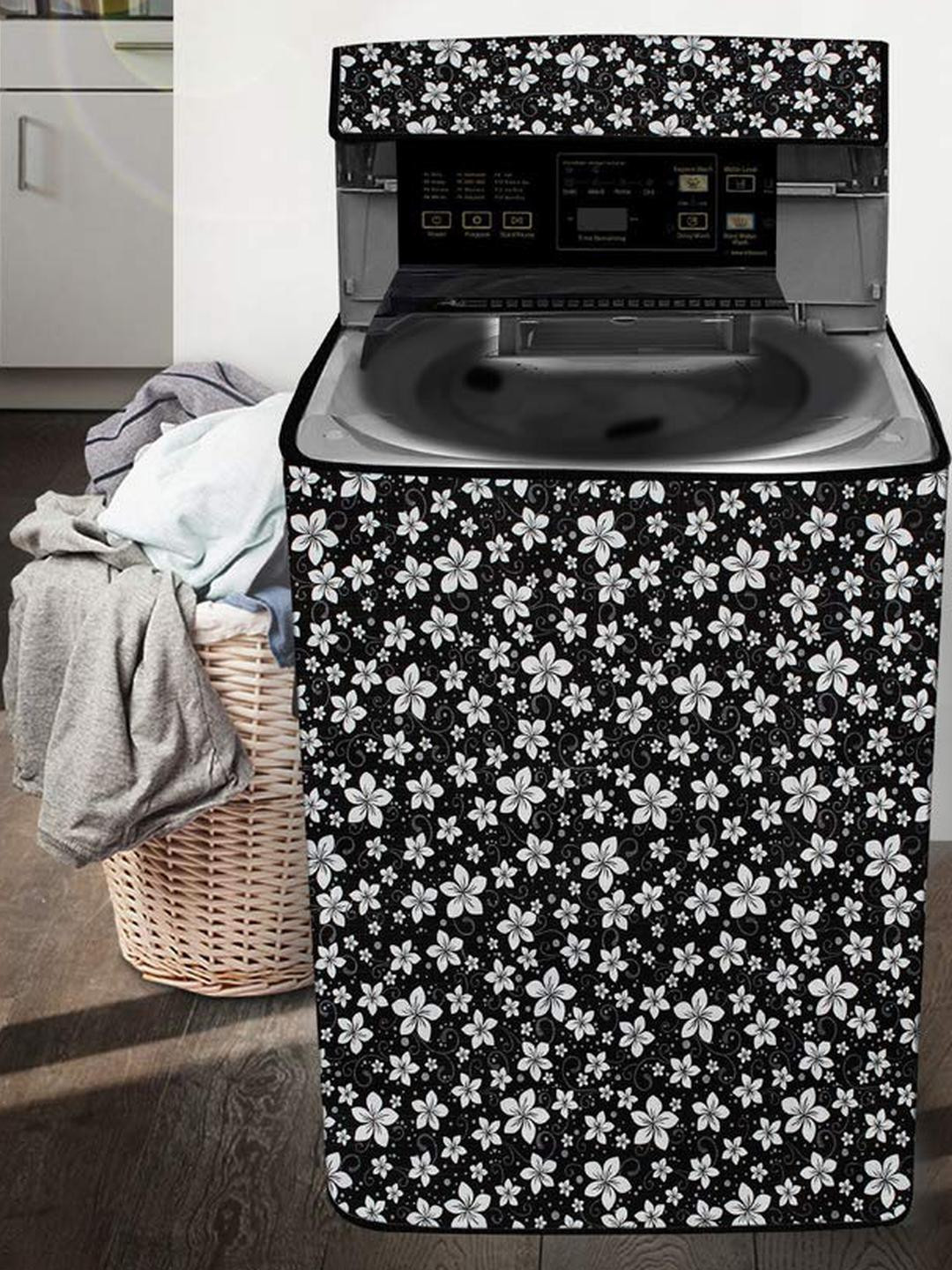 The Furnishing Tree Washing Machine Cover Floral Pattern Black Base Compatible for Whirlpool 8 kg F