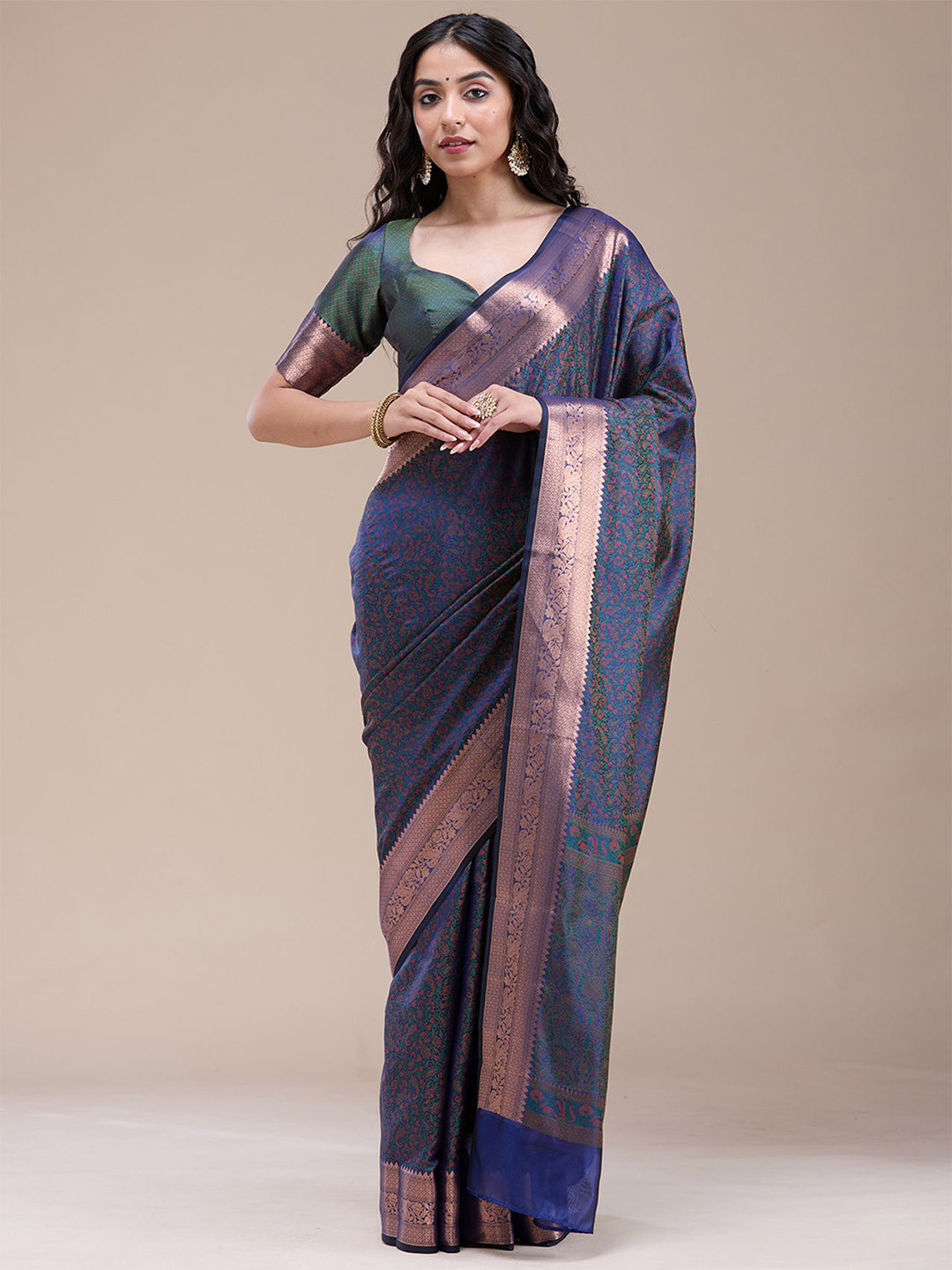 Koskii Gold & Peacock Blue Woven Design Zari Work Saree