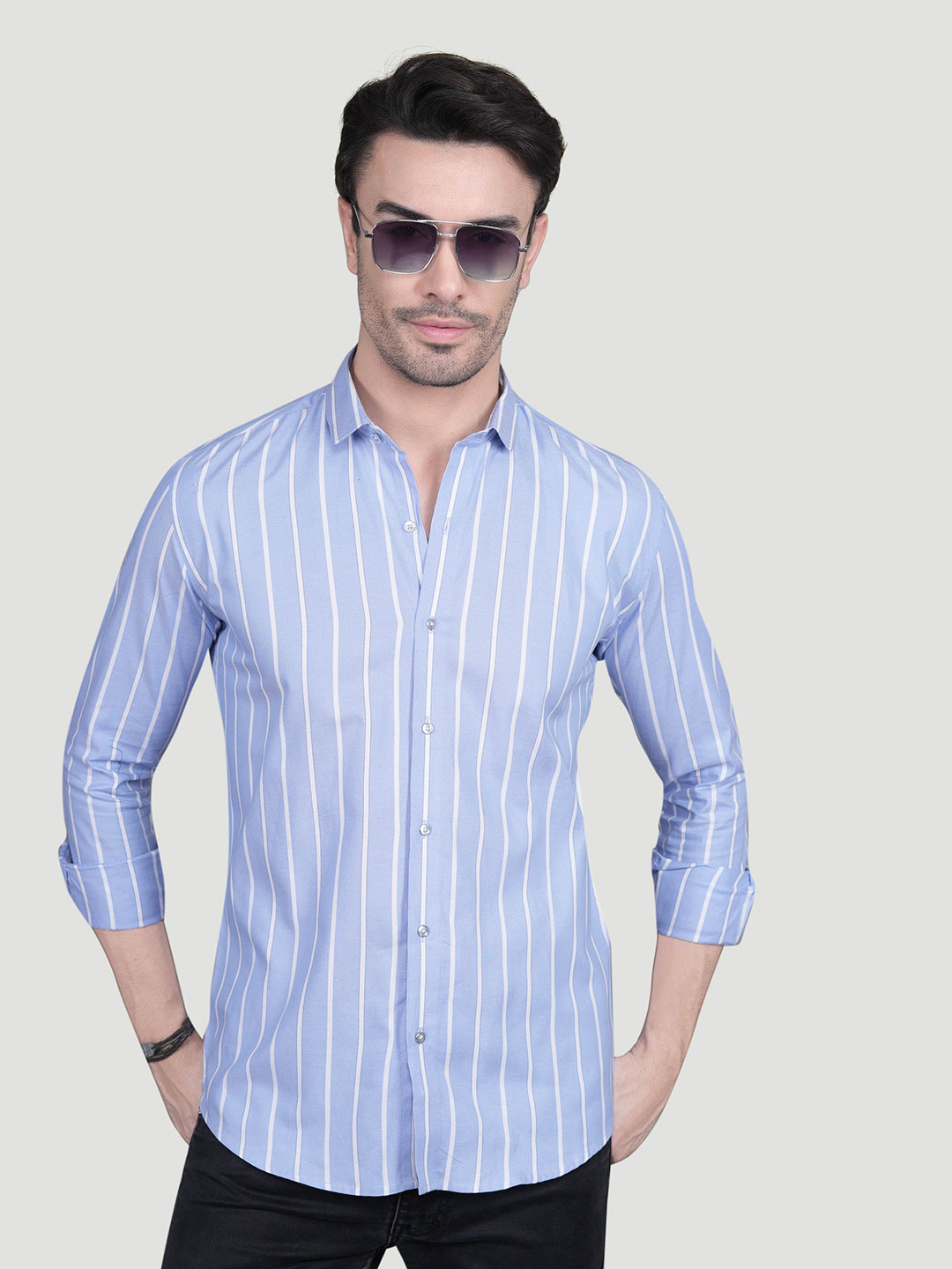 ALMATY Aurel Comfort Vertical Striped Spread Collar Slim Fit Cotton Shirt