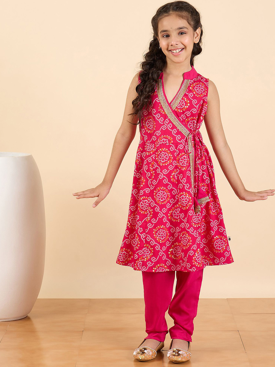 Stylo Bug Girls Printed Angrakha Mandarin Collar Gotta Patti A-line Kurta With Trousers