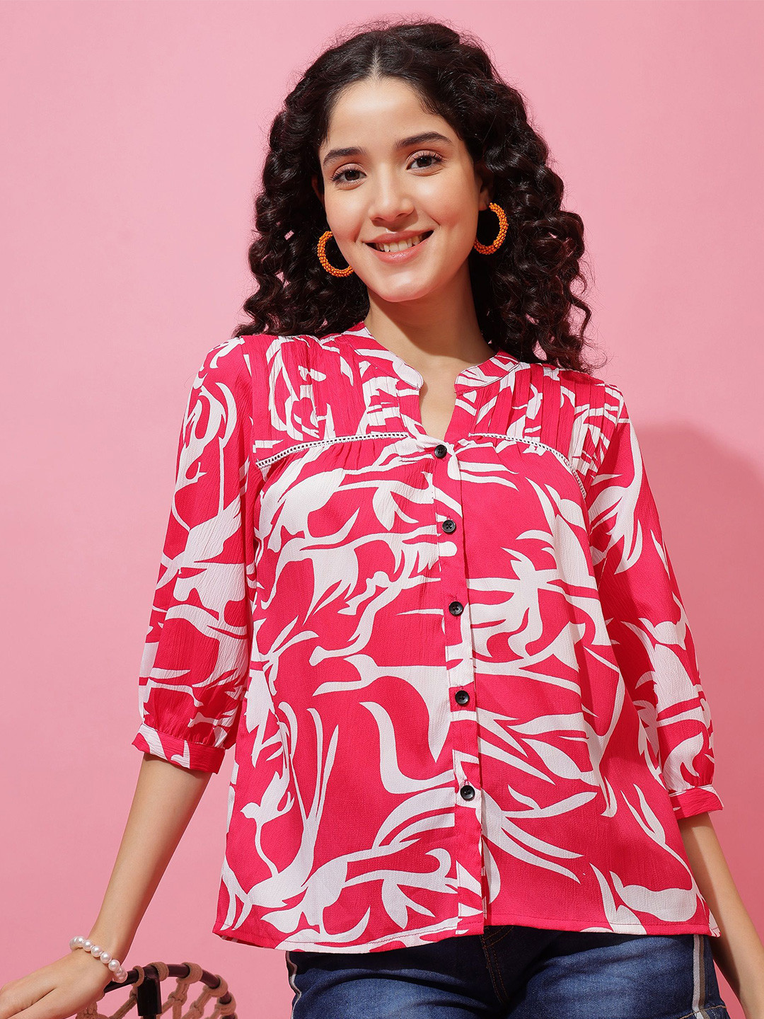 Honky Tonky Women Abstract Print Mandarin Collar Shirt Style Top