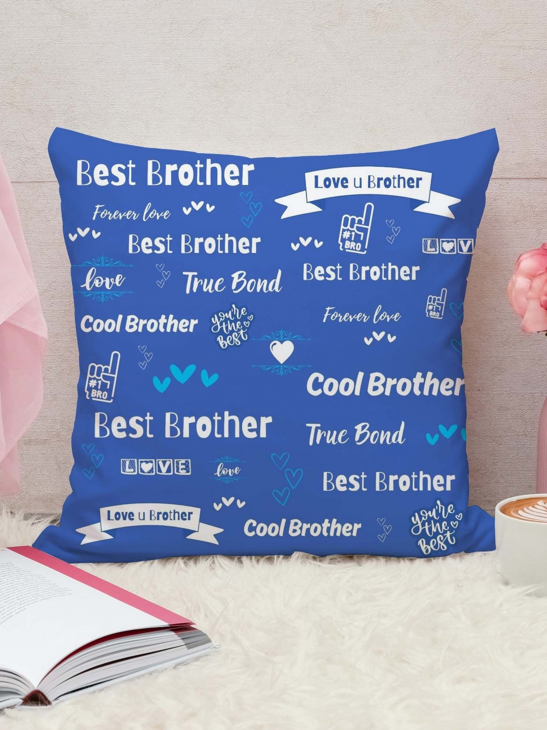 THE QUIRKY HOME White & Blue Best Brother Cool Brother-Printed Square Pre-Filled Cushion