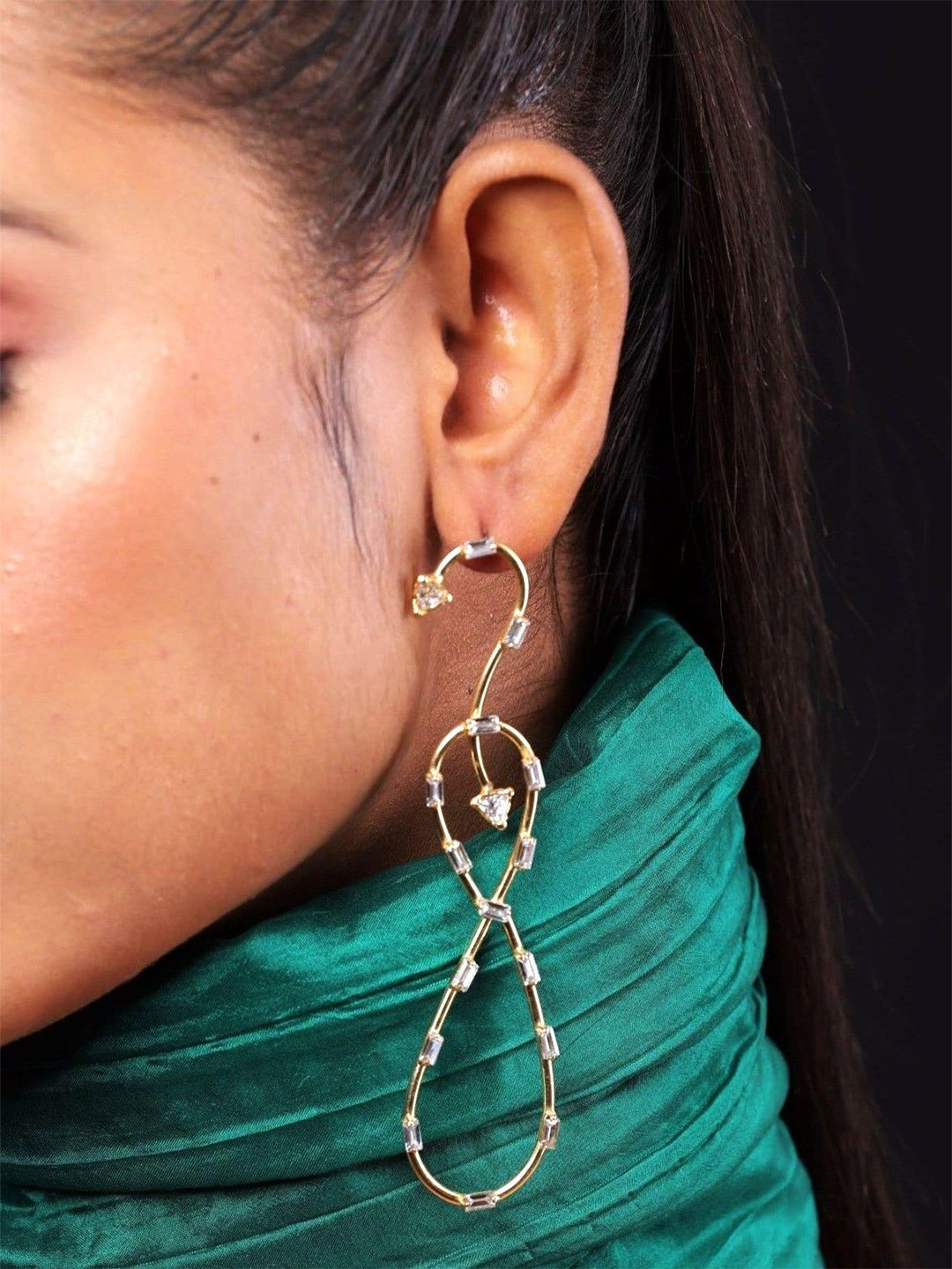 THE BLING GIRLL Gold-Plated Swarovski Crystal Studded Tasselled Contemporary Drop Earrings