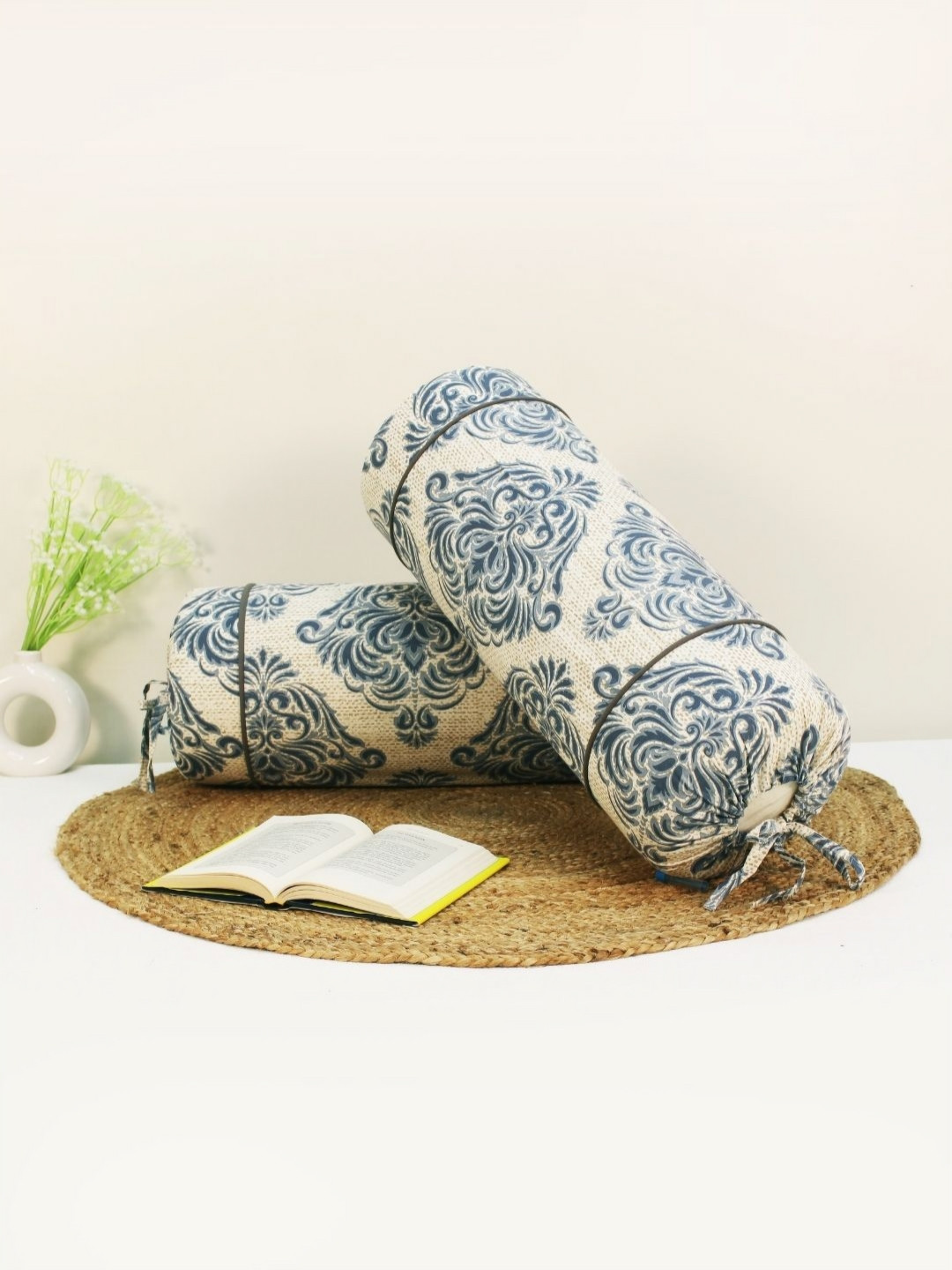 Aurave 2Pc Beige & Grey Flower Printed Pure Cotton 144-TC Bolster Covers With Drawstrings