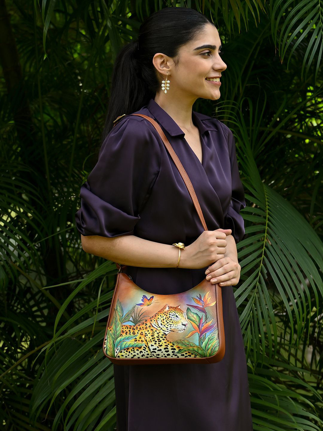 Anuschka Women Leopard in Paradise Hand Painted Leather Multi-Compartment Hobo