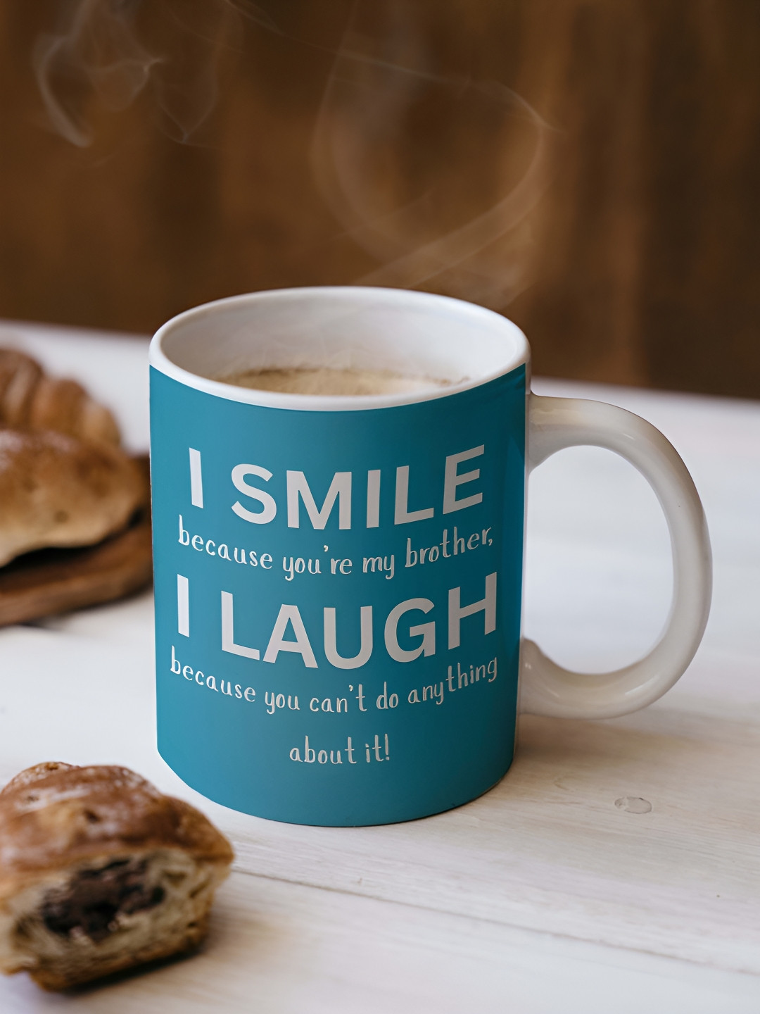 ARTBUG White & Blue I smile because you're my Brother Printed Ceramic Glossy Mug 330ml