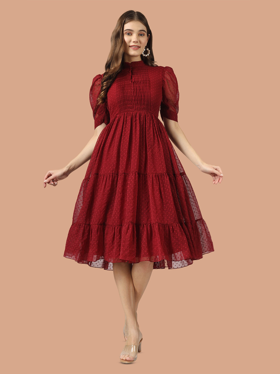 WOWNOON Women Polka Dots Embroidered Tiered Georgette Fit & Flare Midi Dress