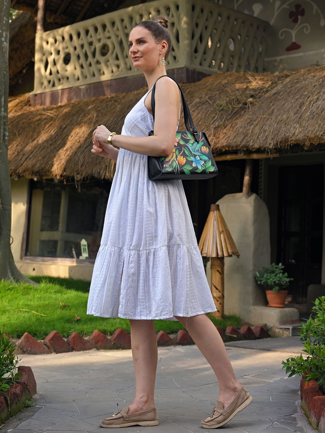 Anuschka Women Bird in Paradise Black Hand Painted Leather Large Satchel