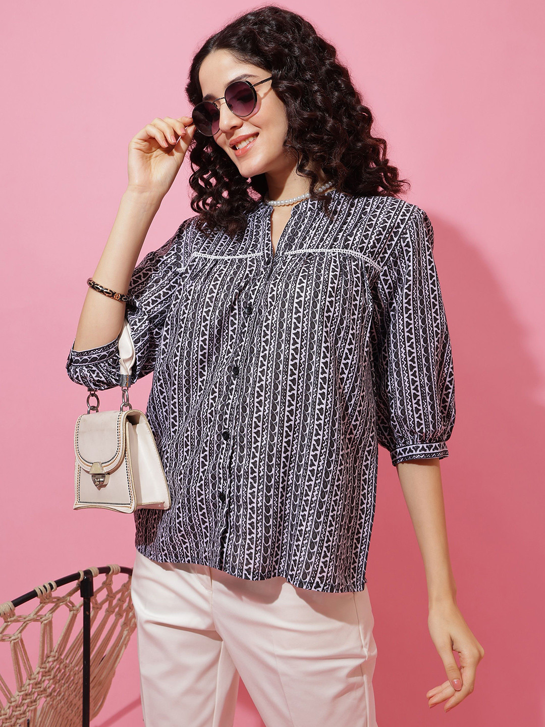 SHEETAL Associates Women Geometric Print Mandarin Collar Shirt Style Top