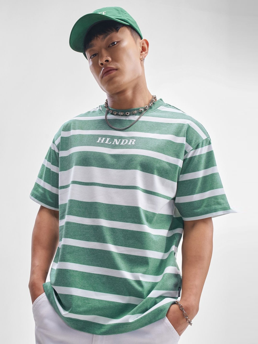 HIGHLANDER Striped Round Neck Drop-Shoulder Sleeves Oversized Casual T-Shirt
