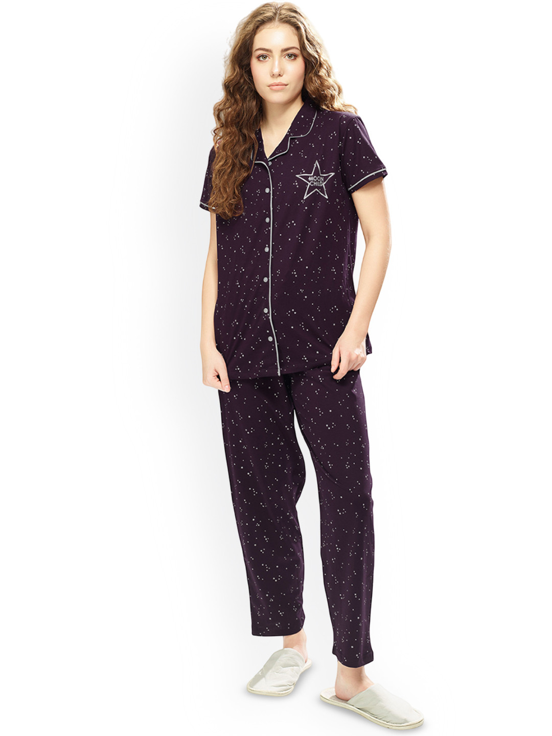 WEET Women Star Printed Pure Cotton Shirt & Pyjamas Night suit