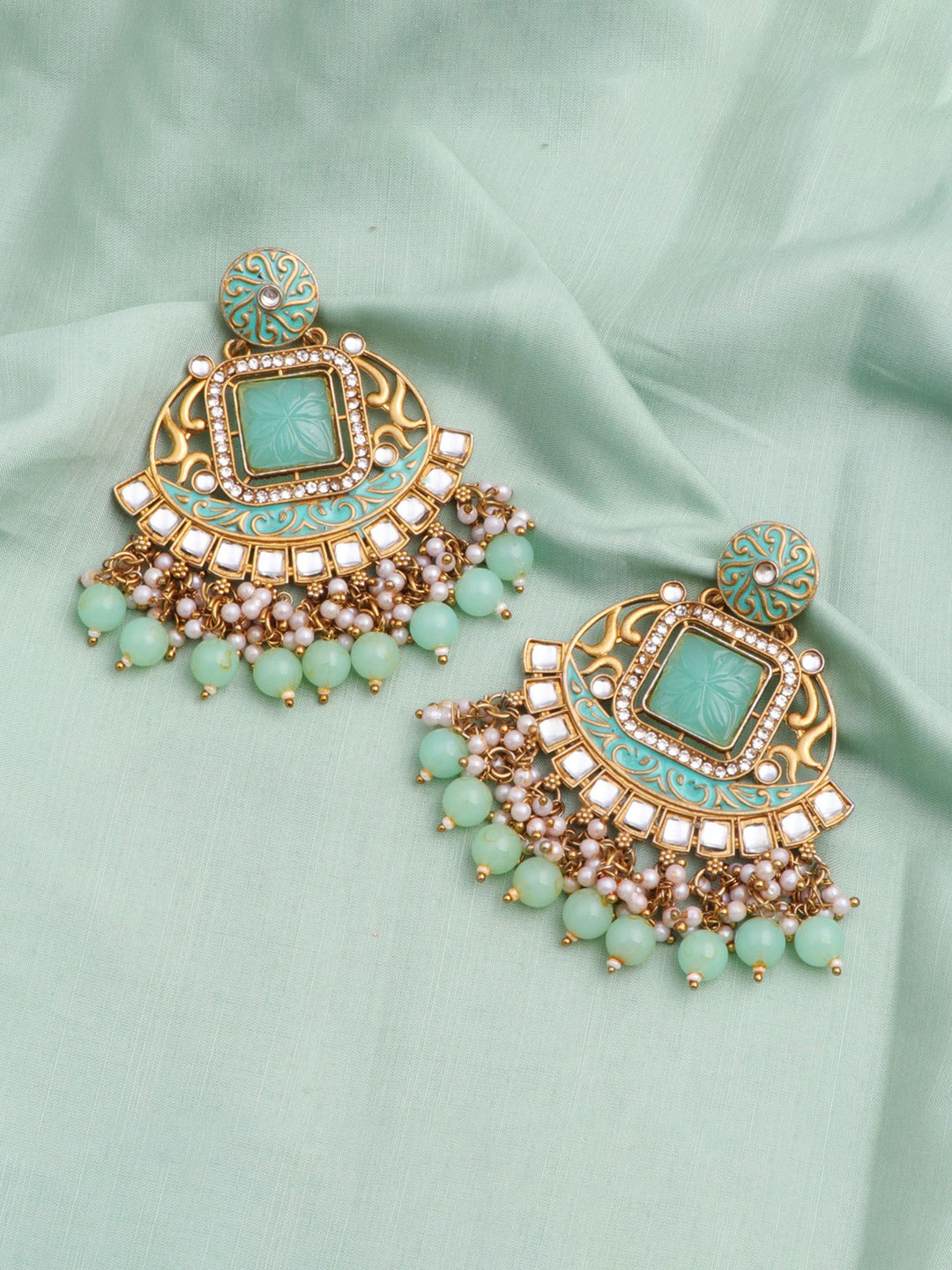 BELWICK Brass-Plated Kundan Studded And Pearls Beaded Square Shaped Chandbalis