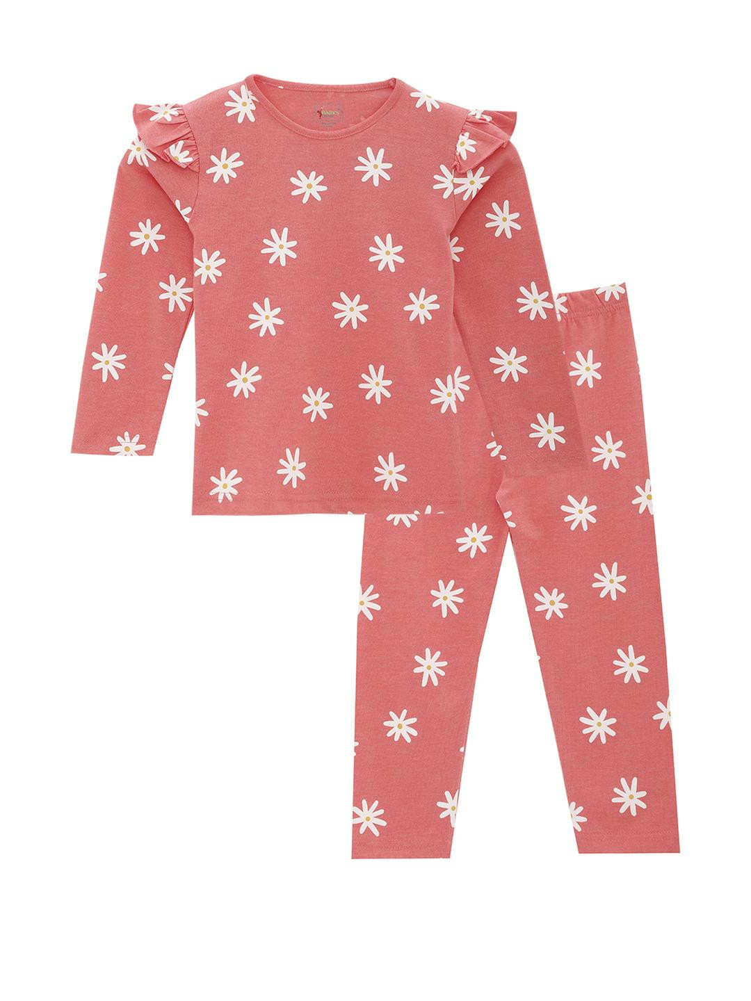 Girls Pink Daisy Printed Cotton Nightsuit Set